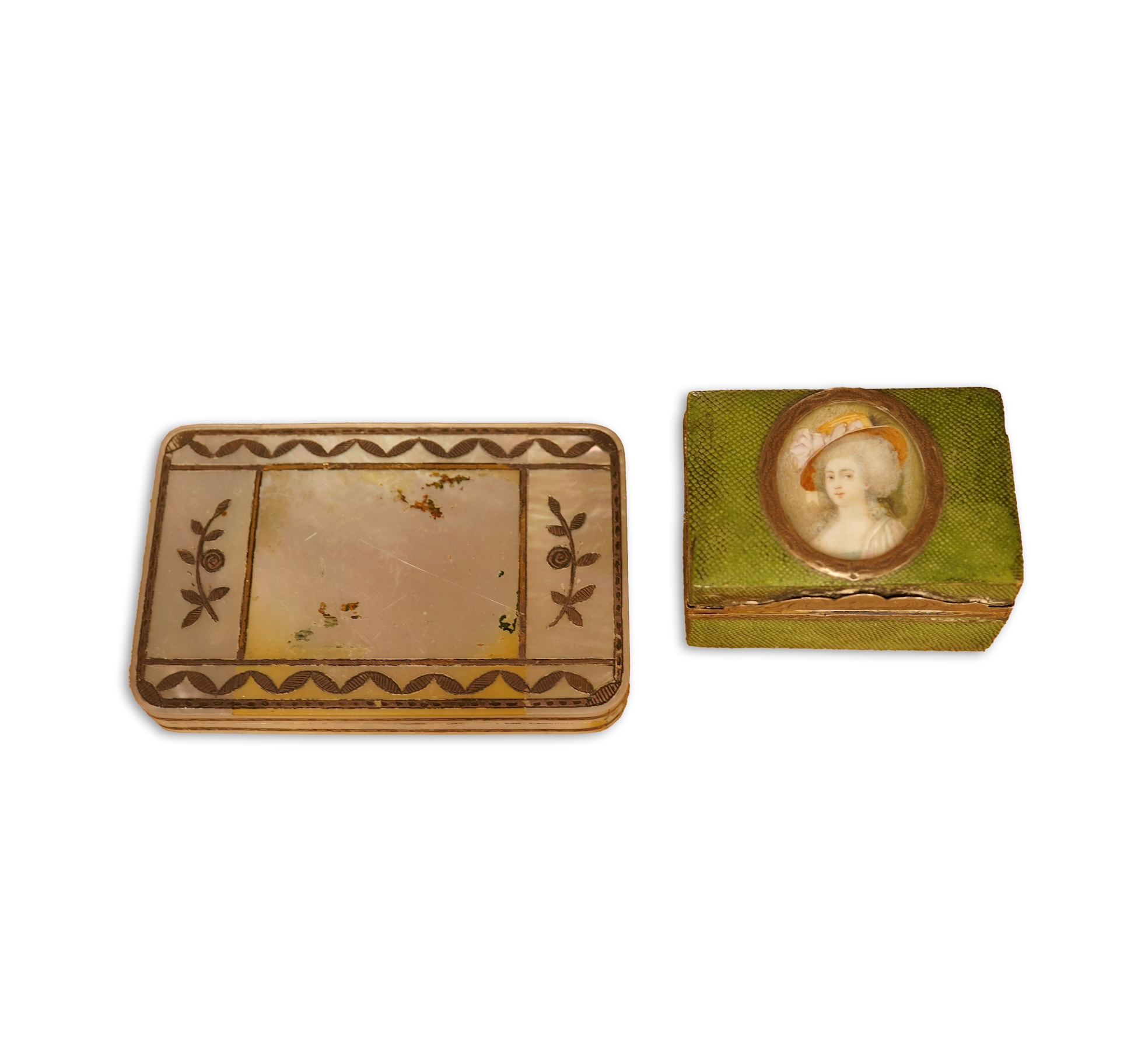 A French silver and shagreen perfume box, portrait miniature on ivory and an early 19th century mother of pearl box (2), shagreen box 5.5cm wide x 4cm deep x 3cm high Ivory Submission reference 96LR94PU